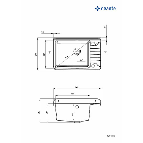 Мойка кухонная Deante Garden, полистирол, прямоугольная, без крыла, 505х350х252мм, чаша - 1, к стене, серый