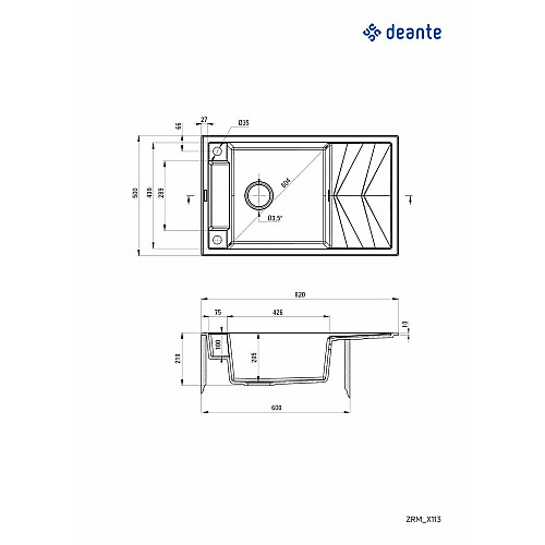 Мойка кухонная Deante Magnetic, гранит, прямоугольник, с крылом, 820х500х219мм, чаша – 1, накладная, металлический графит.