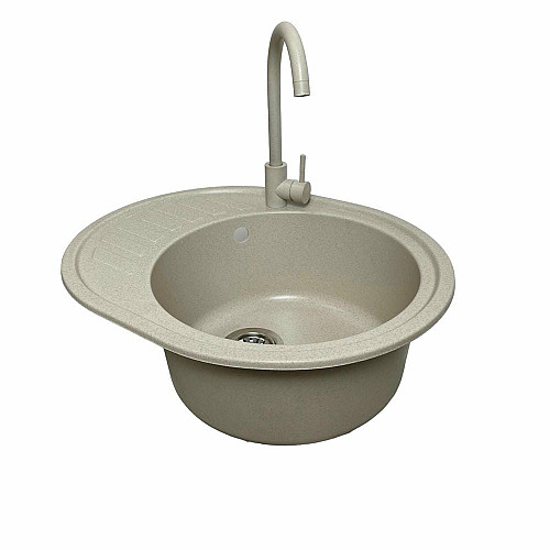 Набор кухонный Adamant Ovum, искусственный камень, овальная, с крылом, 615х495х200мм, чаша - 1, врезная, Avena + смеситель и дозатор