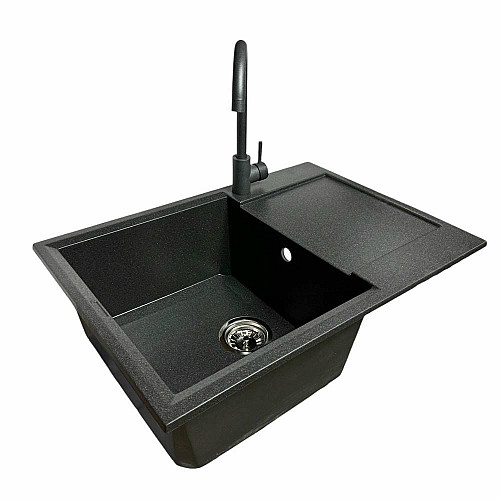Набор кухонный Adamant Horizon Medium, искусственный камень, прямоугольный, с крылом, 700х500х230мм, чаша - 1, врезная, графит + смеситель