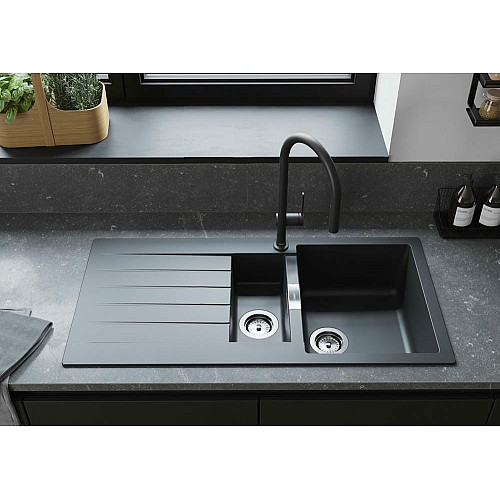 Мойка кухонная Hansgrohe S52, гранит, прямоугольник, с крылом, 980х480х190мм, чаша – 1.5, накладная, S520-F530, черный графит