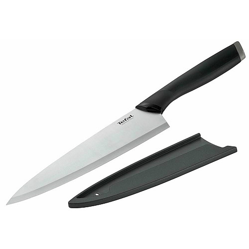 Кухонный нож поварской Tefal Comfort, 20см, с чехлом, нержавеющая сталь, пластик, черный