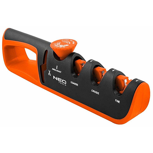 Точилка для ножей и ножниц Neo Tools, 77х290х47мм, 3 этапа заточки, алмаз, карбид вольфрама и керамика, регулировка угла заточки, ABS-пластик и TPR резина