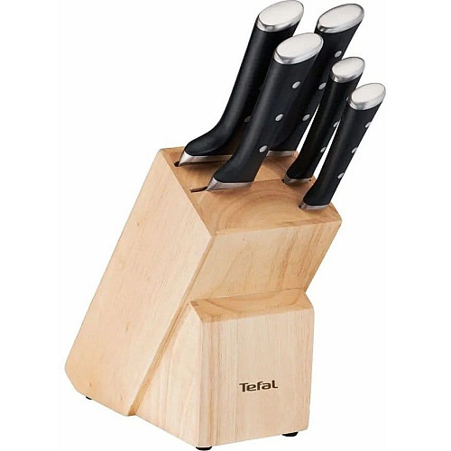 Набор ножей Tefal Ice Force, 5пр., с деревянной колодкой, нержавеющая сталь, пластик, черный