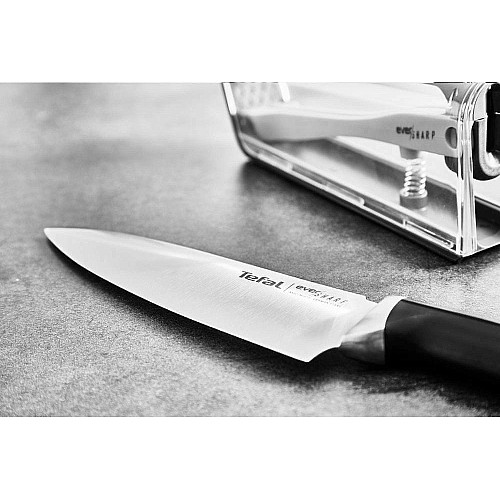 Кухонный нож поварской Tefal Eversharp, 16.5см, с чехол-точилкой нержавеющая сталь, пластик, черный