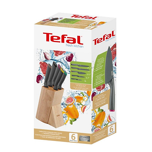 Набор ножей Tefal Fresh Kitchen, деревянная колода, 5шт, нержавеющая сталь, пластик, дерево, черный