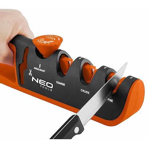 Точилка для ножей и ножниц Neo Tools, 77х290х47мм, 3 этапа заточки, алмаз, карбид вольфрама и керамика, регулировка угла заточки, ABS-пластик и TPR резина
