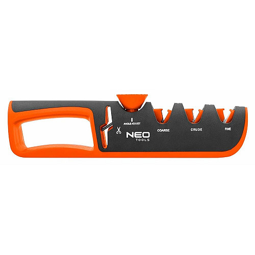 Точилка для ножей и ножниц Neo Tools, 77х290х47мм, 3 этапа заточки, алмаз, карбид вольфрама и керамика, регулировка угла заточки, ABS-пластик и TPR резина