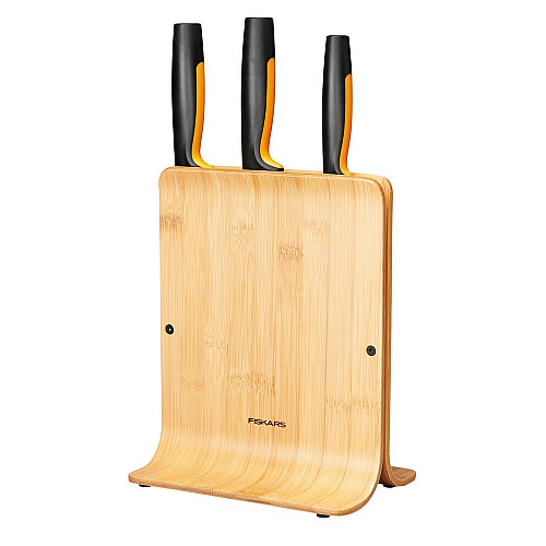 Набор ножей Fiskars Functional Form, бамбуковая подставка, 3шт, нержавеющая сталь, пластик, бамбук, черный