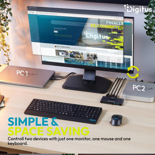 Комутатор DIGITUS Desktop KVM, 2x1 HDMI, 3xUSB 3.0, 1xUSB-C, 4K, Core Line