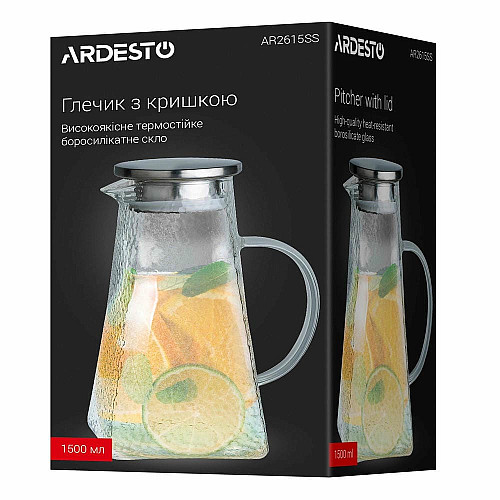 Глечик з кришкою ARDESTO, 1500мл, боросилікатне скло, нержавіюча сталь, прозорий