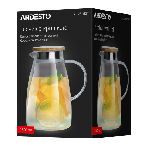 Глечик з кришкою ARDESTO, 1500мл, боросилікатне скло, бамбук, прозорий