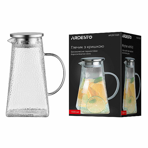 Глечик з кришкою ARDESTO, 1500мл, боросилікатне скло, нержавіюча сталь, прозорий