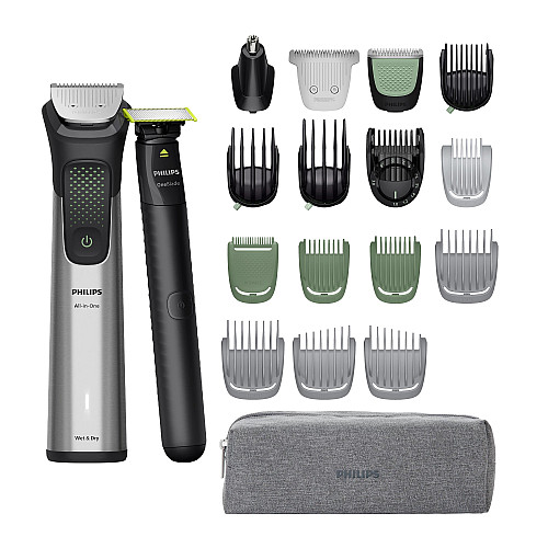 Тример Philips Series 9000, для бороди, голови та тіла, насадок-15, OneBlade в компл., сталь, сірий