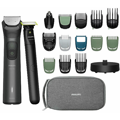 Триммер Philips Series 9000, для лица, головы, тела, акум., насадок-19, OneBlade в компл., сталь, серый