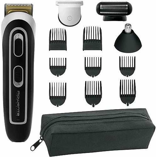 Триммер Rowenta Trim & Style, для бороды, усов, головы и тела, сеть+акум., роторный мотор, насадок-11, чехол, титан.напыл., черно-серебристый