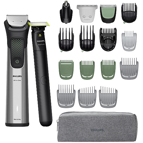 Тример Philips Series 9000, для бороди, голови та тіла, насадок-15, OneBlade в компл., сталь, сірий