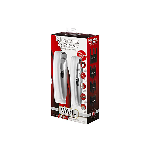 Триммер WAHL Mustache & Beard, для бороды и усов, ААx3, роторный мотор, насадок-4, триммер для носа, подставка, сталь, серый