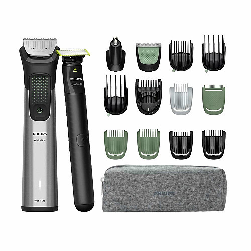 Триммер Philips Series 9000, для лица, головы, тела, акум., насадок-17, OneBlade в компл., сталь, серый