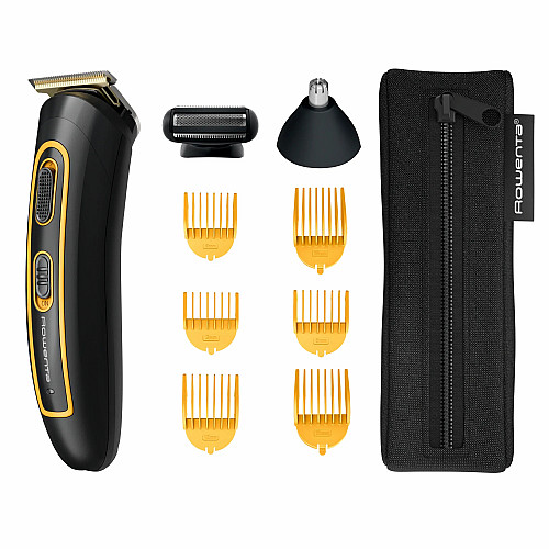 Триммер Rowenta Sport Collection, для головы, носа, ушей и тела, сеть+акум., роторный мотор, насадок-8, чехол, титан.напыл., черно-желтый