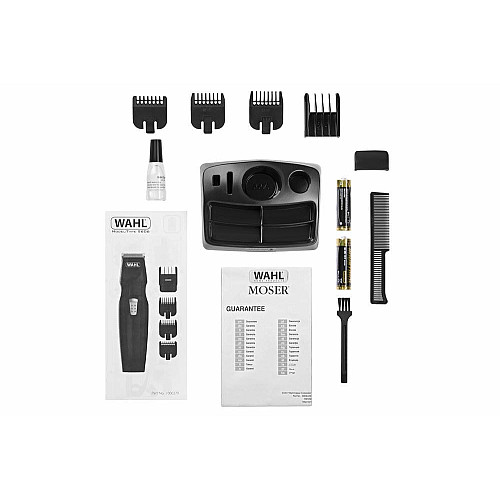 Триммер WAHL Mustache&Beard, для бороды и усов, ААx2, в комплекте, роторный мотор, насадок-4, расческа, подставка, сталь, черный