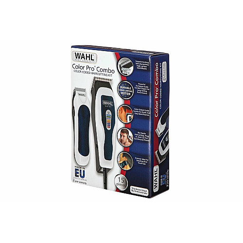 Машинка для стрижки WAHL ColorPro Combo, от сети, вибрационный мотор, насадок-8, кейс, мини триммер в компл., сталь, бело-синий
