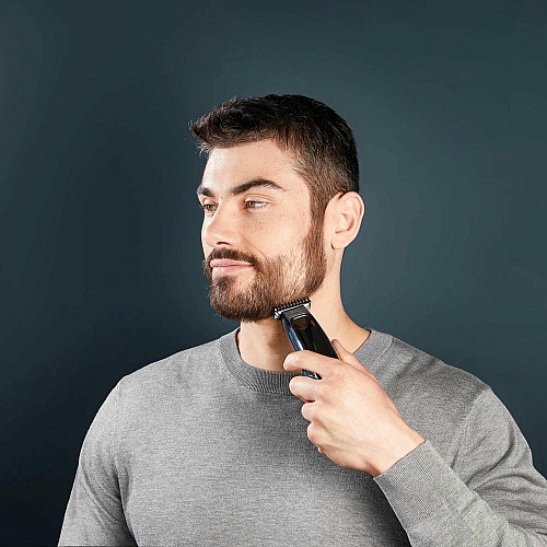 Триммер Rowenta Barber Experience, для головы, бороды, сеть+акум., роторный мотор, насадок-5, нержавеющая сталь с покрытием DLC, черно-синий