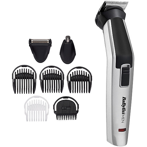 Набір для стрижки Babyliss, для бороди, вусів, голови, носа і тіла, акум., вібраційний мотор, насадок-8, чохол, сталь, сірий