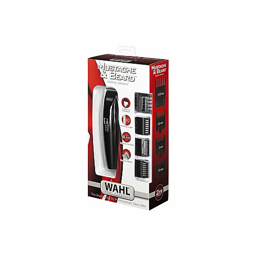 Триммер WAHL Mustache&Beard, для бороды и усов, ААx2, в комплекте, роторный мотор, насадок-4, расческа, подставка, сталь, черный