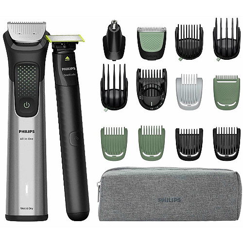 Триммер Philips Series 9000, для лица, головы, тела, акум., насадок-17, OneBlade в компл., сталь, серый