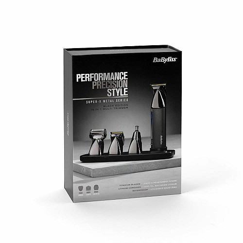 Набор для стрижки Babyliss Super-X Metal Black Edition, для головы, усов, бороды, носа и тела, акум., насадок-15, сумка для хранения, подставка, сталь, черный
