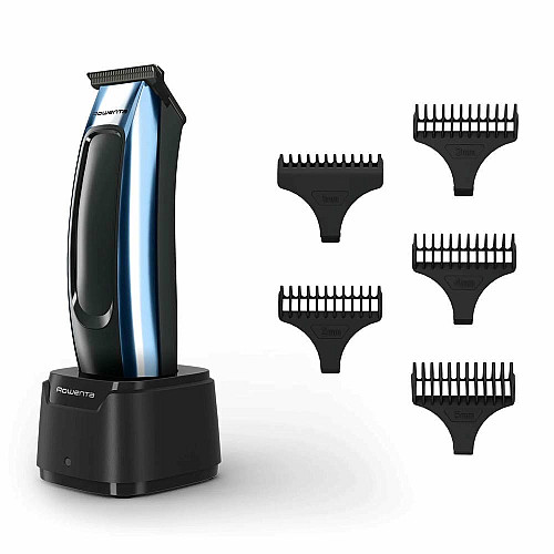 Триммер Rowenta Barber Experience, для головы, бороды, сеть+акум., роторный мотор, насадок-5, нержавеющая сталь с покрытием DLC, черно-синий