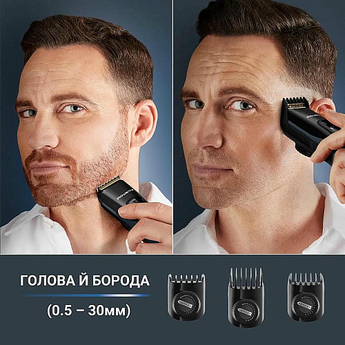 Машинка для стрижки Rowenta Advancer, для бороды, усов, головы, сеть+акум., роторный мотор, насадок-3, кейс, титан.напыл., темно-синий