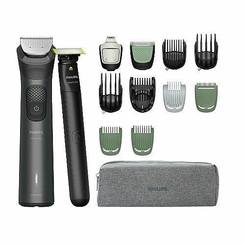 Триммер Philips Series 9000, для лица, головы, тела, акум., насадок-15, OneBlade в компл., сталь, серый