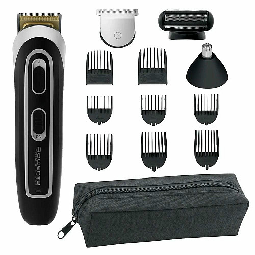 Триммер Rowenta Trim & Style, для бороды, усов, головы и тела, сеть+акум., роторный мотор, насадок-11, чехол, титан.напыл., черно-серебристый