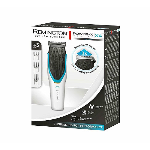 Машинка для стрижки Remington Power X Series X4, сеть+акум., насадок-3, сталь, бело-черный