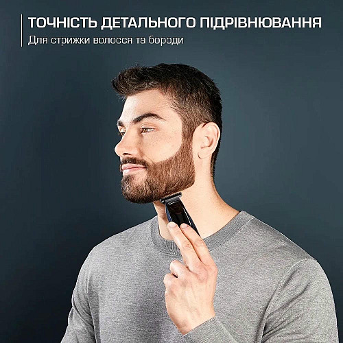 Триммер Rowenta Barber Experience, для головы, бороды, сеть+акум., роторный мотор, насадок-5, нержавеющая сталь с покрытием DLC, черно-синий