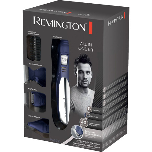 Набір для стрижки Remington All in one kit, для бороди, вусів, голови і тіла, мережа+акум., насадок-11, титан.напил., синьо-сріблястий