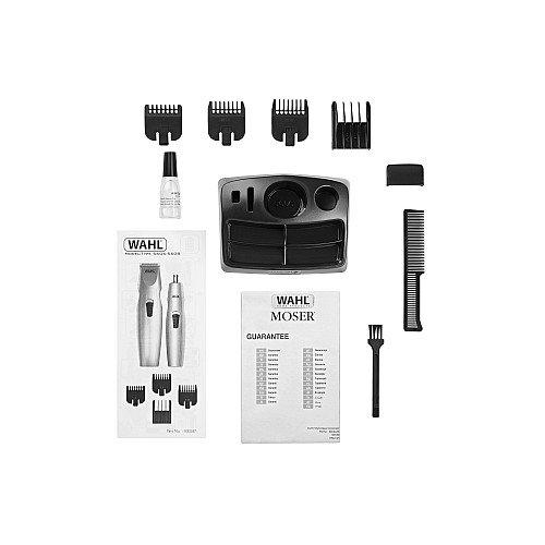 Триммер WAHL Mustache & Beard, для бороды и усов, ААx3, роторный мотор, насадок-4, триммер для носа, подставка, сталь, серый