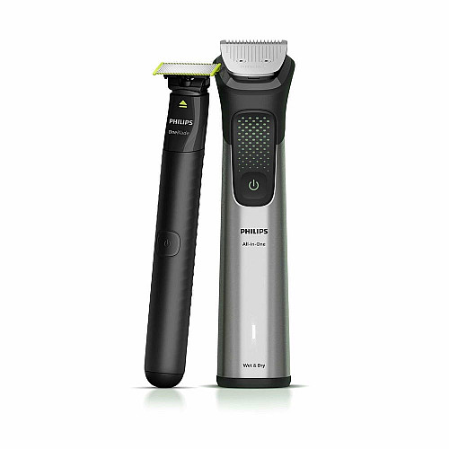 Триммер Philips Series 9000, для лица, головы, тела, акум., насадок-17, OneBlade в компл., сталь, серый