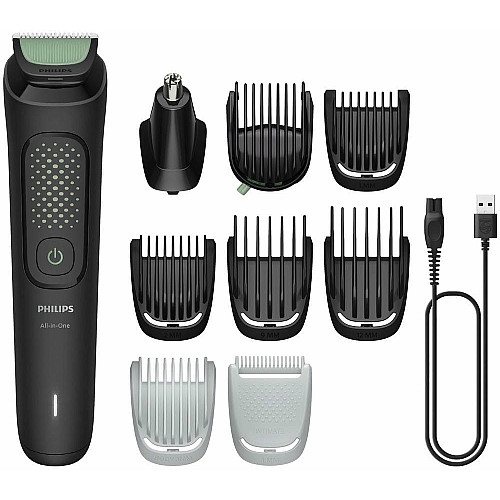Триммер Philips All-in-One Trimmer 3000 Series, для лица, головы, тела, акум., насадок-9, сталь, черный