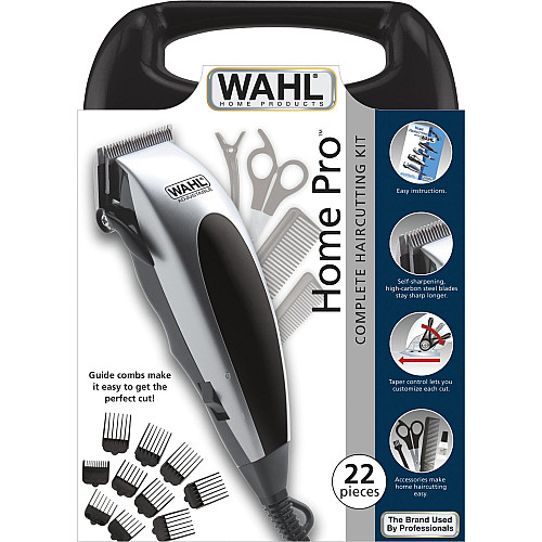 Машинка для стрижки WAHL HomePro, от сети, вибрационный мотор, насадок-8, кейс,ножницы, расческа в компл, сталь, черно-серебристый