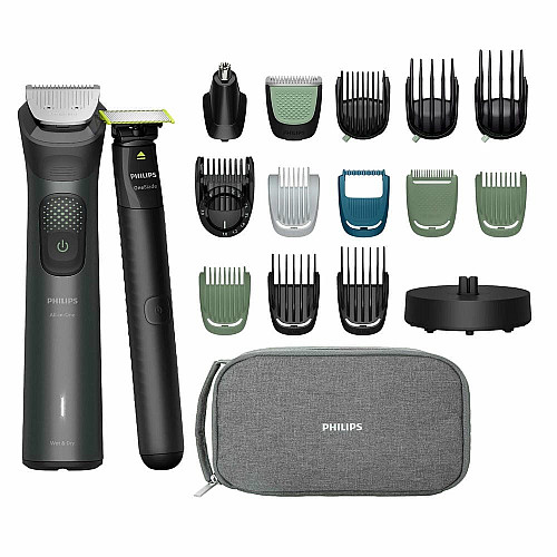 Триммер Philips Series 9000, для лица, головы, тела, акум., насадок-19, OneBlade в компл., сталь, серый