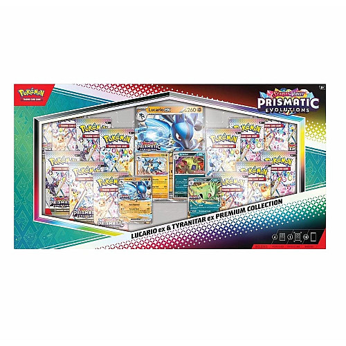 Колекційна карткова гра Pokemon: Scarlet & Violet Prismatic Evolutions. Lucario Ex & Tyranitar Ex Premium Collection Box