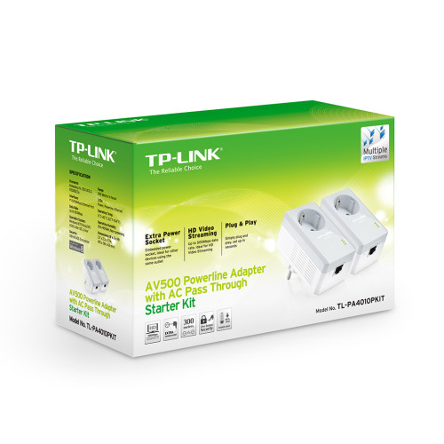 Комплект Адаптерiв Powerline TP-LINK TL-PA4010PKIT AV600, 1xFE, (TL-PA4010 2шт), Розетка