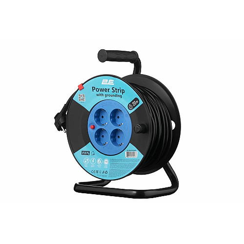 Удлинитель сетевой 2E REEL 20м, 4xТипF, 16A, черно-синий