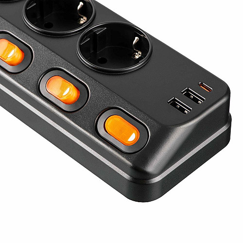Удлинитель сетевой 2E 3м, 6xТипF, 16A, 2xUSB-A, 1x USB-C фильтр, черный
