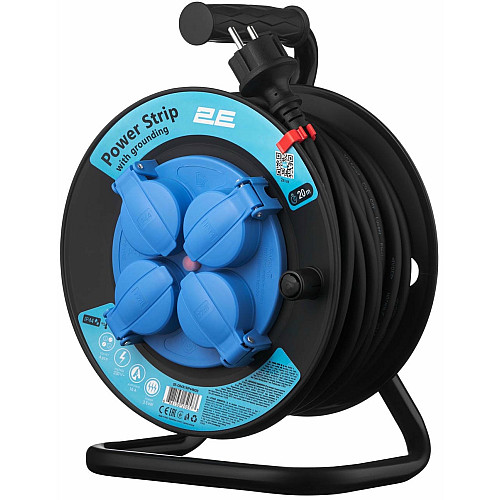 Удлинитель сетевой 2E REEL 20м, 4xТипF, 16A, черно-синий