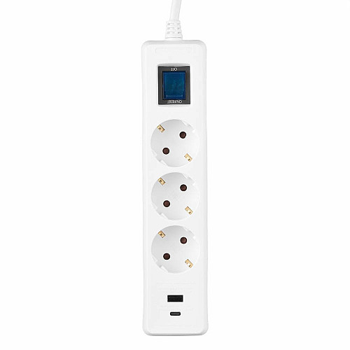 Подовжувач мережевий 2E 3м, 3xТипF, 16A, 1xUSB-A,1xUSB-C, фільтр, білий