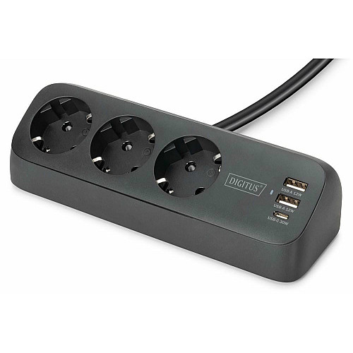 Блок розеток DIGITUS Office, 3xSchuko, 2xUSB-A, 1xUSB-C, 16A, 1.5м, вилка Schuko, черный